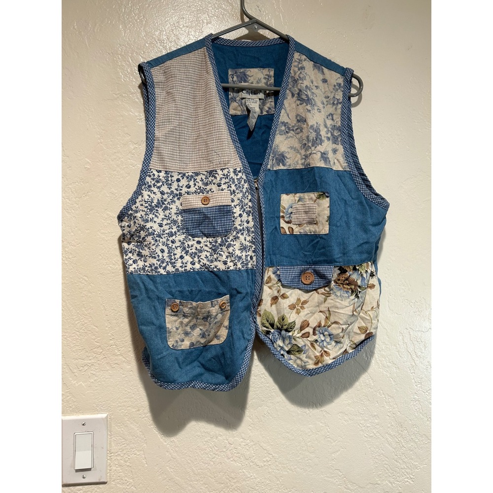 Koret City Blues Patchwork Floral Denim Vest Womens Size L Blue Boho Prairie
